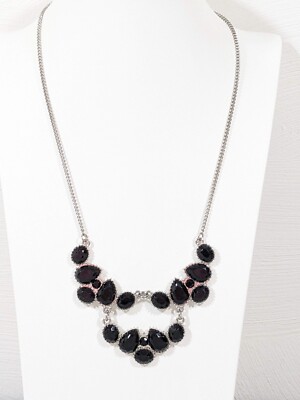 Silver Tone Black Teardrop Cabochon Two Layer Statement Necklace 20 inches