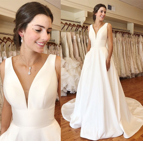 Vestido de novia Satin A-Line vestidos para boda elegante cuello en V sin  mangas de tren de la Capilla | eBay