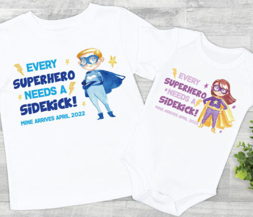 Big sister/ BROTHER SUPERHERO SIDEKICK T-SHIRT/BODYSUIT  PREGNANCY ANNOUNCEMENT - Picture 1 of 6