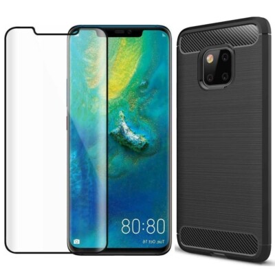 FOR HUAWEI MATE 20 PRO BLACK CARBON SHOCKPROOF COVER + TEMPERED GLASS FILM