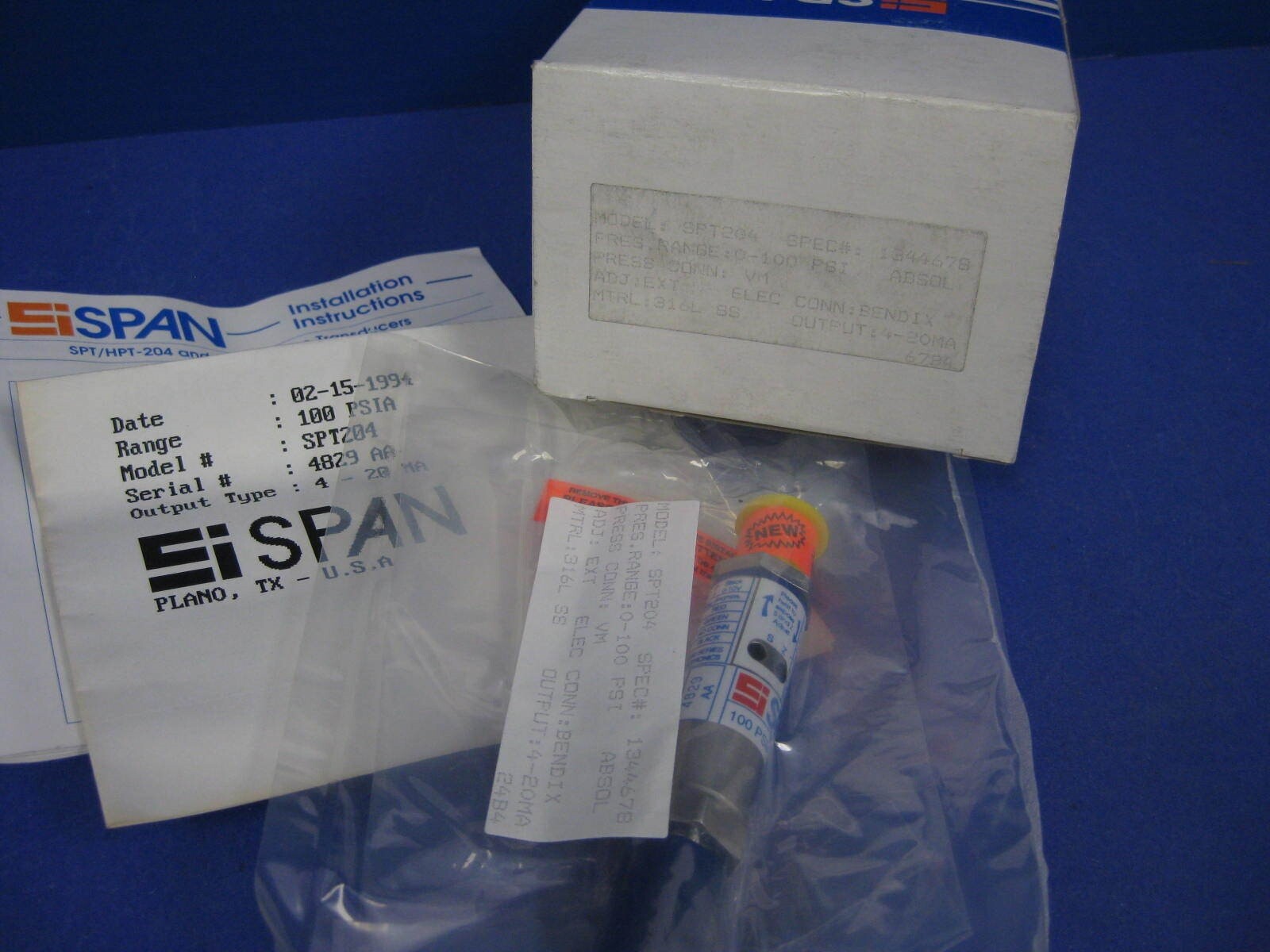 SPAN Instruments SPT-204 Pressure Transducer, 0-100 PSIG, 4-20mA, New ...