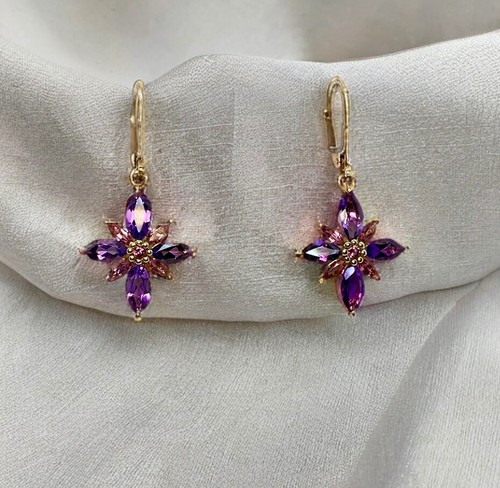 Pendientes Amatista y Turmalina - Tapa Trasera - Oro 9ct - 2,6 gramos - 3,3 cm x 1,6 mm - Imagen 3 de 4