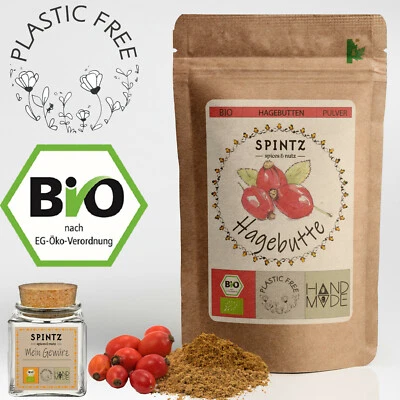SPINTZ 500g Bio Hagebuttenpulver Hagebutten Pulver ganz Hagebutte gemahlen + Korkenglas