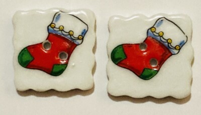 2 Vintage Ceramic Buttons Red Green White Christmas Stockings 2 Hole 3/4'' Square