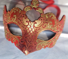 Hand made in Venice Italy Masquerade Mask Red / Gold Glitter Sparkle Free Ship