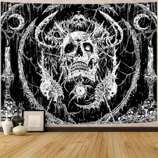 Lifeella Skull Tapestry, Gothic Horror Moon 48L" x 36W", Black 