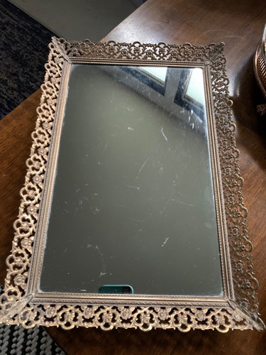 Vassoio comò vintage Hollywood Regency specchiato tono oro 16x11 - Foto 9 di 9