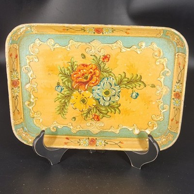 Vintage Small Decorative Wood Tray Gold Teal Blue Floral Alcohol
