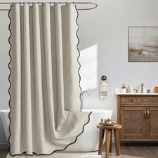 Linen Scalloped Shower Curtain Textured Waterproof 72x72 Inch Metal Hooks