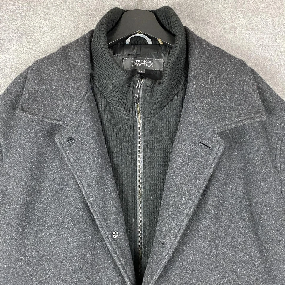 Kenneth Cole Reaction Coat Mens 2XT Charcoal Wool Blend Car Coat Zip Front Bib - Image 2 of 4