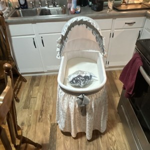 White Oval Bassinet with Adjustable Canopy, Wheels, Portable, Mattress