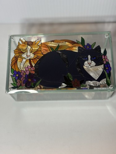 Joan Baker Stained Glass Trinket Jewelry Box Cats Hand Painted