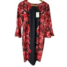 Calvin Klein Dress Size 12 Red Floral Black Bell Sleeve knee length Sheath