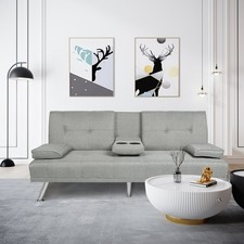 66.3" Convertible Sofa Bed 3-Position Linen Futon Sleeper w/Chrome Leg Cupholder