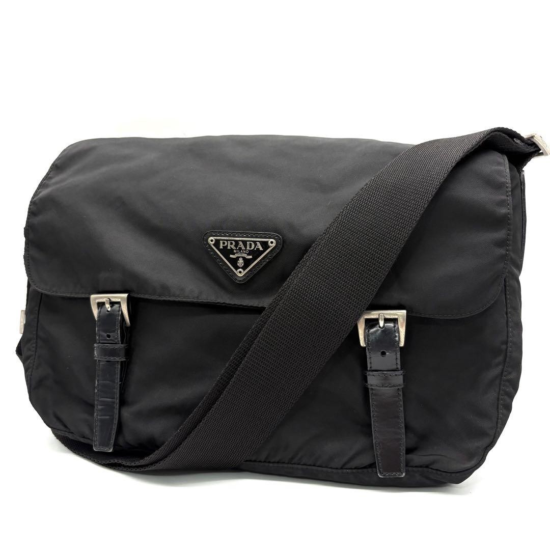 Prada Unisex Black Nylon Messenger Crossbody Bag with Logo 23cm