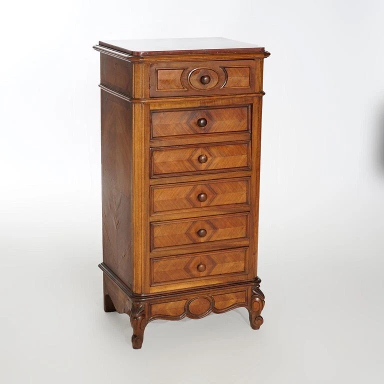 Antigo Baú Francês Luís XVI Esculpido em Nogueira, Kingwood e Mármore Forrado de Zinco século XIX - Imagem 3 de 4