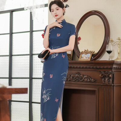 asian maxi dress Women's Vintage Floral Qipao Maxi Dress Chinese Style Traditional Cheongsam  Slit