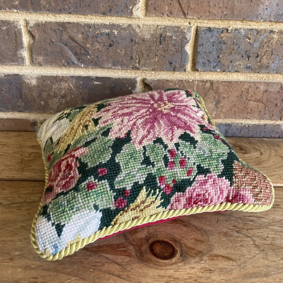 Needlepoint Throw Pillow Poinsettia Lilies Pinecone 9in Vtg Holiday Floral Wool - Image 2 of 4