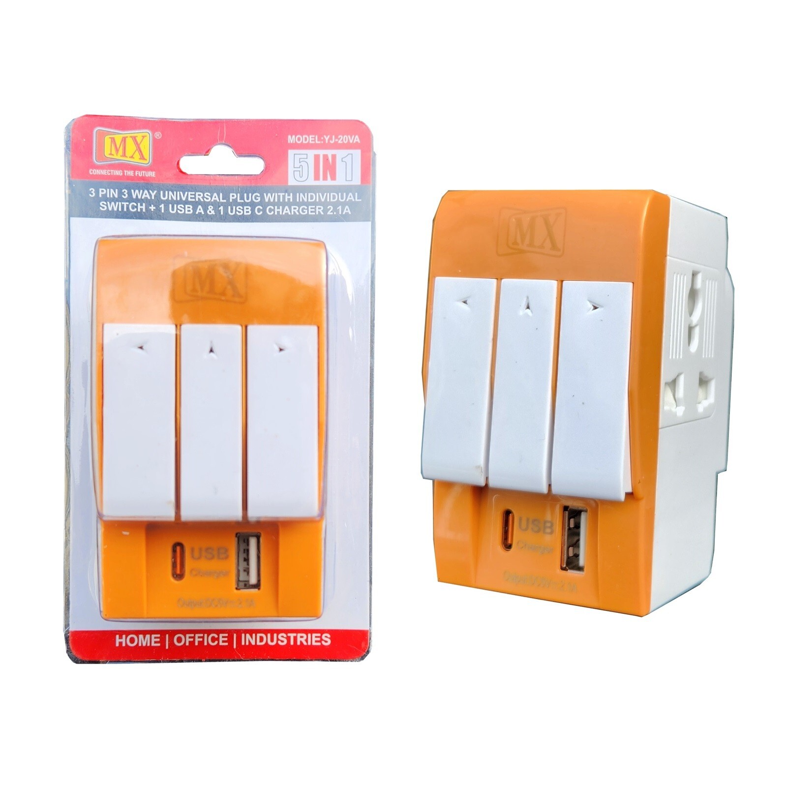 MX UK To India Multi Plug Travel Adapter With 1 USB & 1 USB Type-C Charging Port