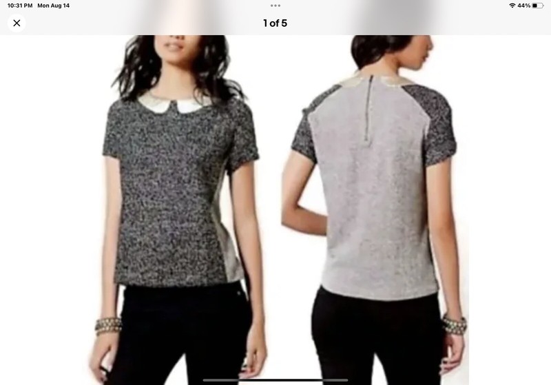 9-h15 stcl Sz M Black Gray Gold Short Sleeved Blouse Anthropologie Cutest Ever!