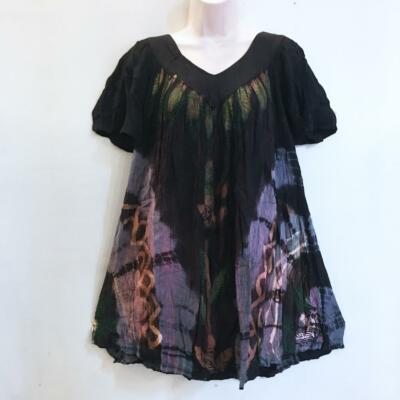 Sacred Threads Hippie Boho Festival Tie Dye Block Print V Neck Smock Top 218211