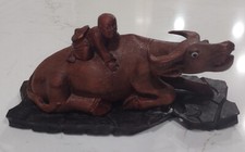 Vintage Chinese Carved Wood Boy Riding Water Buffalo Ox Oxen w Base RH Facing