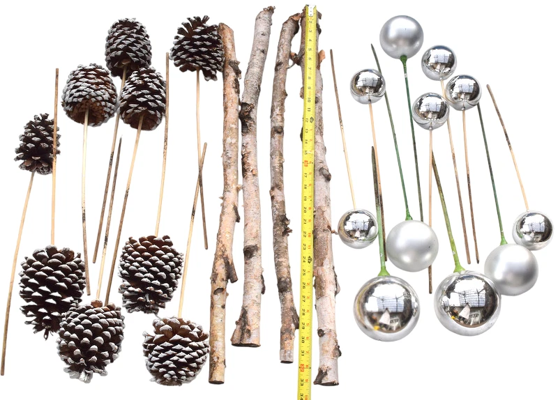 22pc Christmas Floral Decorations Set XLg 7" Pine Cone 32"  Birch Log Xmas Balls - Image 2 of 4