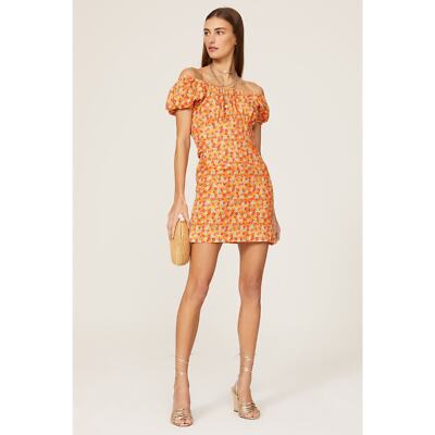 Caroline Constas Calla Orange Floral Puff Sleeve Off The Shoulder Mini Dress XS
