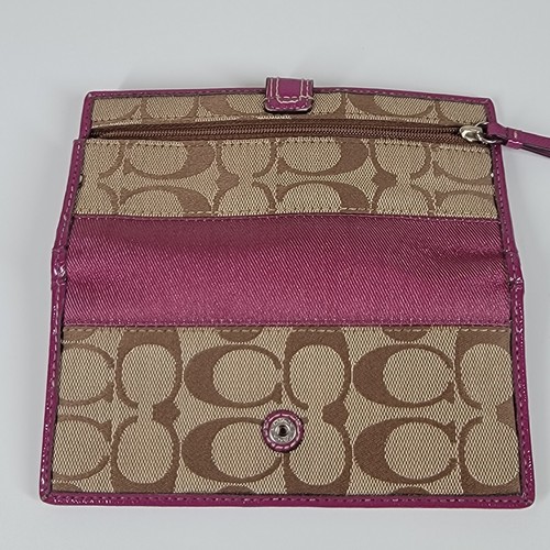 Coach Signature Slim Card Wallet Envelope Tan Khaki Berry Purple Magenta Fold - Picture 14 of 14