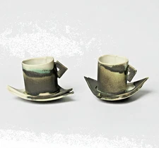 Art Pottery Tesoro Jan Burtz Bella Porcelain Set 2 Espresso Cup & Saucer SIGNED