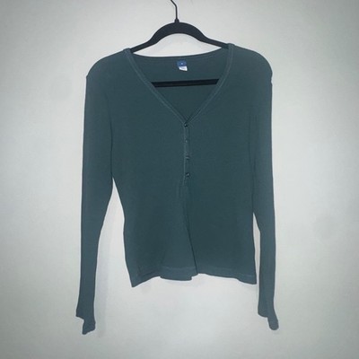 Old Navy Womens Ribbed Henley Long Sleeve Top Dark Teal Green V-Neck Size M