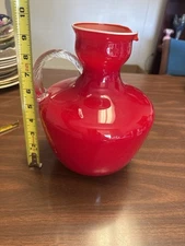 Vintage Handblown Red Art Glass Pitcher – 8” Tall – Clear Ribbed Handle – Mid-Ce