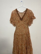 Adrianna Papell Brown Floral Beaded Silk Midi Dress vintage  V-Neck Size 6