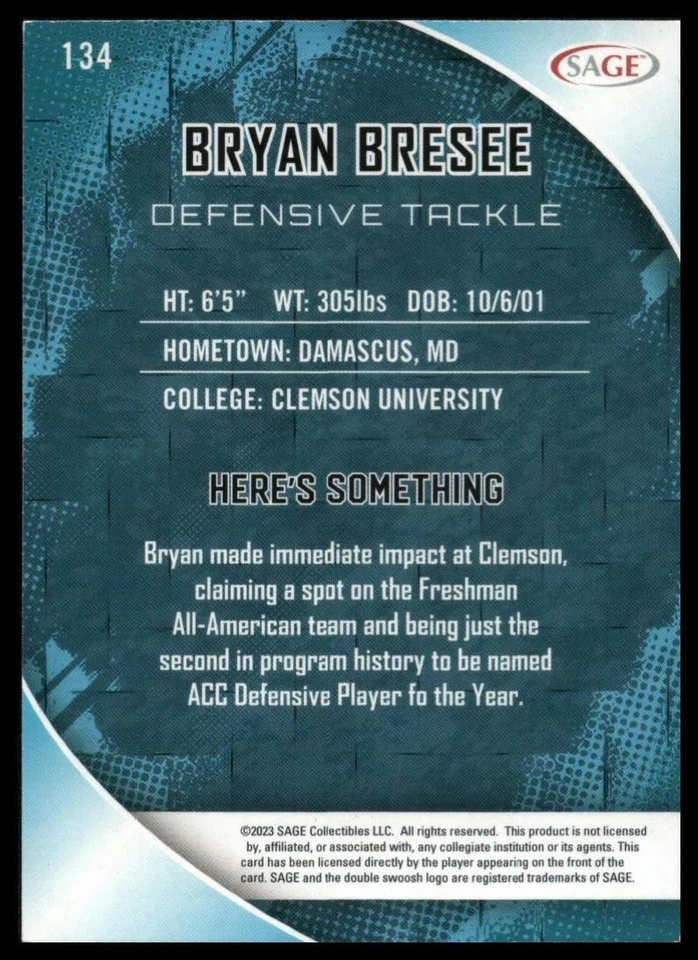 2023 SAGE HIT Silver #134 Bryan Bresee Clemson University - Image 2 of 2