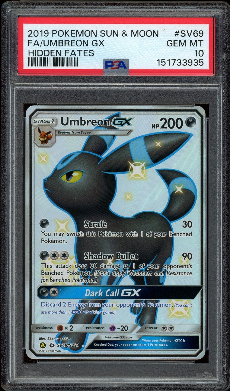 Pokemon PSA 10 Umbreon GX SV69/SV94 Sun & Moon Hidden Fates Shiny Vault Mint