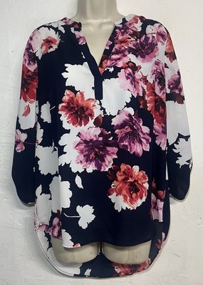 DR2 Medium Tunic Blouse Dark Blue Pink Floral 3/4 Sleeve V-Neck Top 