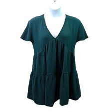 Madewell Womens Lightspun Mini Dress Hunter Green  V-Neck Gauze Cotton Boho  L