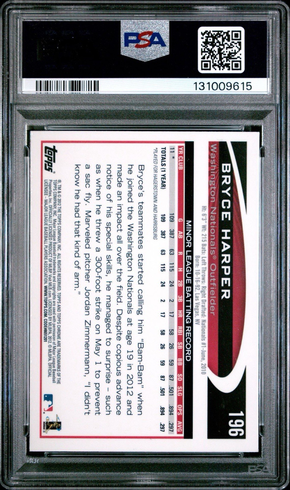 2012 Topps Chrome Bryce Harper #196 Batting (RC) PSA view 2