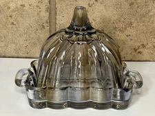 RARE 2pc Pumpkin Shaped Butter Dish Amber Blue Glass Butter Dish w/ Handles Lid