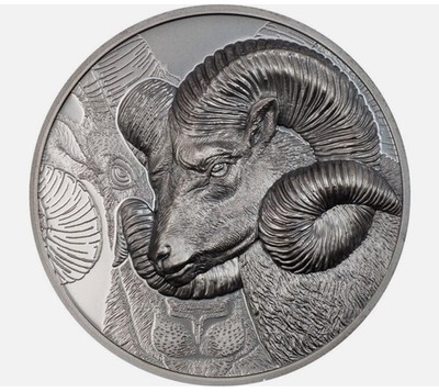 2022 1000 Togrog Mongolia MAGNIFICENT ARGALI 2 Oz Silver Black Proof Coin.
