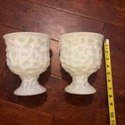 Pair Vintage E O Brody White Milk Glass Crinkled Pedestal Planter Vase Textured