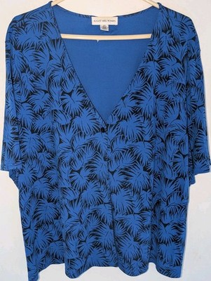 AUGUST MAX WOMAN Short Sleeve Blue & Black Palm Leaf Print Blouse - Size 2X