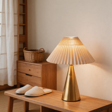 Golden Metal Table Lamp with Pleated Shade for Contemporary Entryway