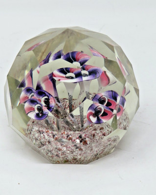 Antique Czech Bohemia Lauscha Faceted Glass Paperweight Morning Glory Flowers