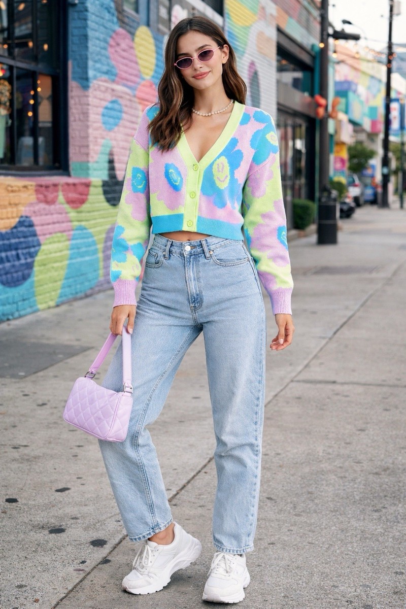 Lazy Oaf Smiley Flower Cardigan Pastel Y2K Dopamine Knit Cropped