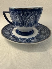 Tea Cup And Saucer Set. Blue And White Pattern. Bombay.