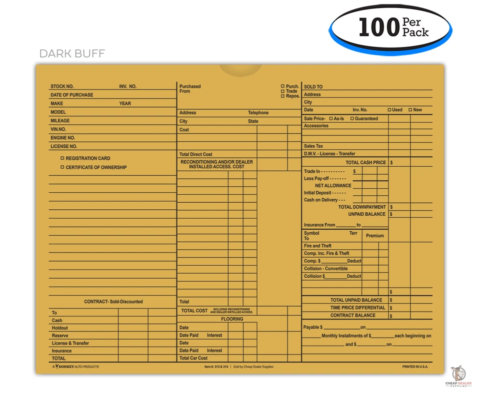 DONKEY AUTO PRODUCTS 3-in-1 Deal Envelope Deal Jacket (Buff) (100 shrink wrapped) (Form # 237)