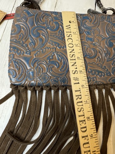 Justin Boots Mini Shoulder Bag Convertible Teal Wash Brown Fringe Leather NWT - Picture 5 of 9