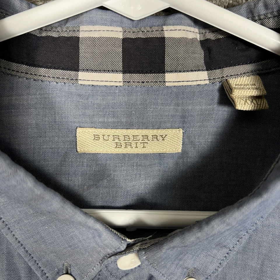 Burberry Brit Shirt Mens XXL Blue Short Sleeve Button Down Logo Cotton Preppy - Image 4 of 4