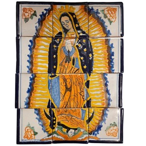 Vintage Hand Painted Talavera 12 Piece Tile Mural Virgin Mary Guadalupe 12x16 in